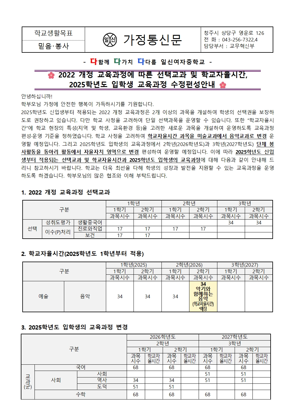 2022 개정 교육과정에 따른 선택교과 및 학교자율시간, 2025학년도 입학생 교육과정 수정편성 안내 가정통신문001